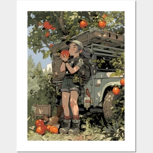 Young girl hiker holding an apple Posters and Art